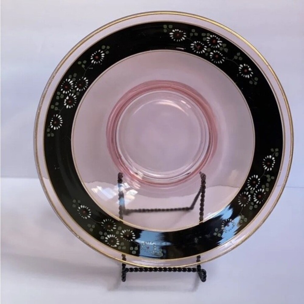 Vintage Pink & Black Hand Painted Flowers Glass Bowl with Gold Trim 10"